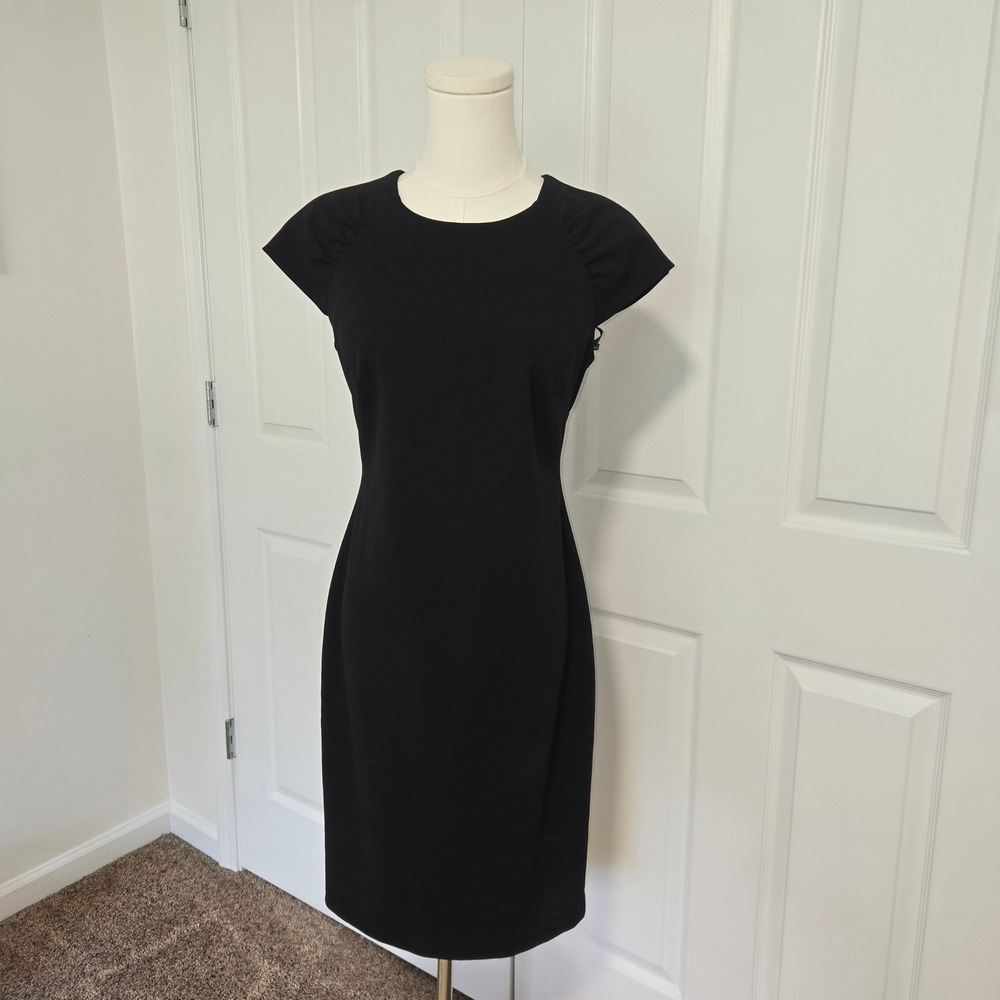 Calvin Klein Sheath Dress Womens 8 Black Cap Sleeve Gathered Professional
